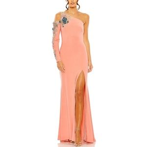 Mac Duggal Pink Floral Long Sleeve One Shoulder Gown, size 12